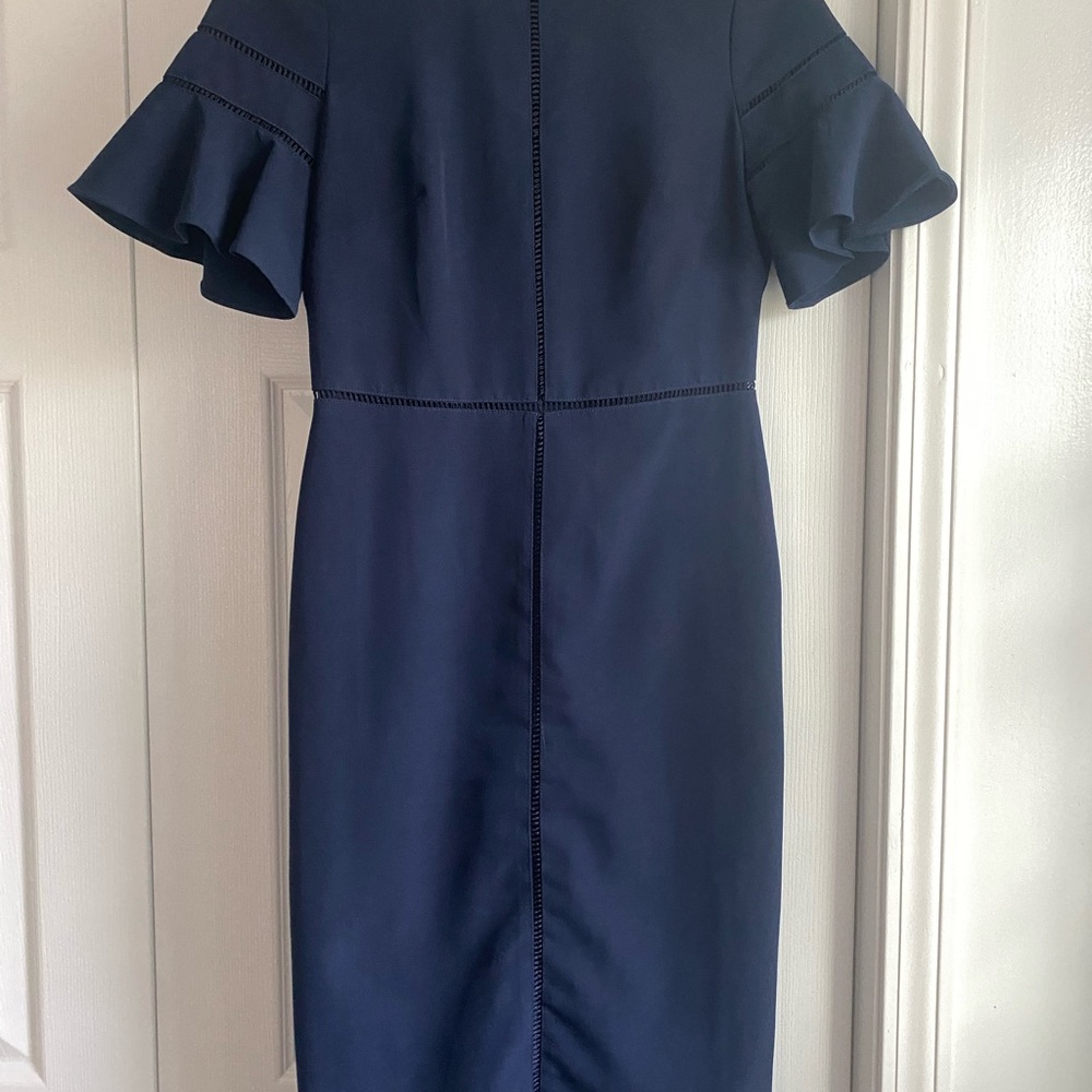 Maggy London Navy Midi Sheath Dress with Ruffle Sleeves